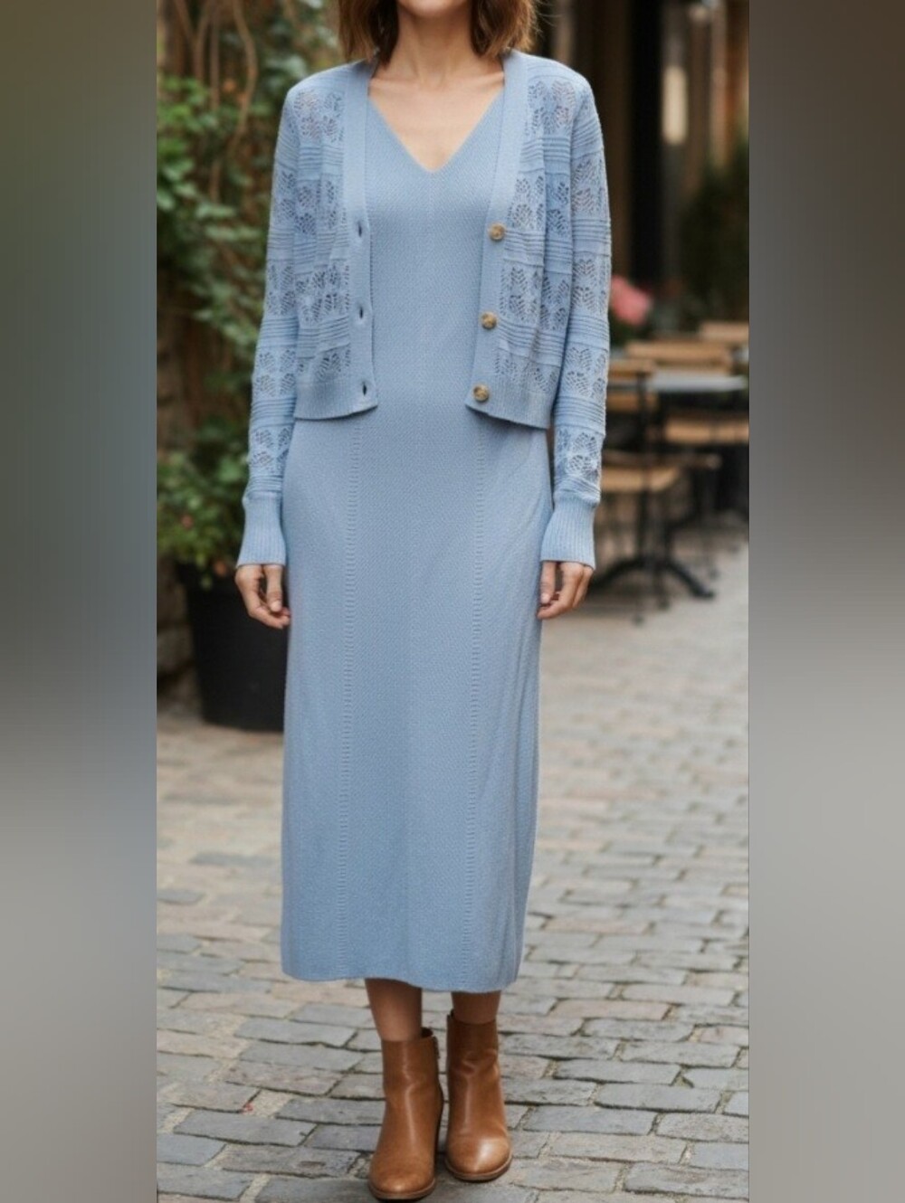 Freshman Light Blue Openwork Knit Top And Maxi Dress Set.